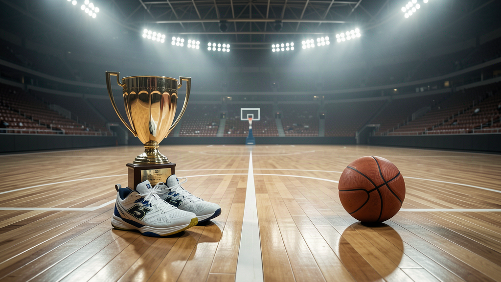 An NBA championship trophy and a pair of team sneakers sitting on an empty hard court