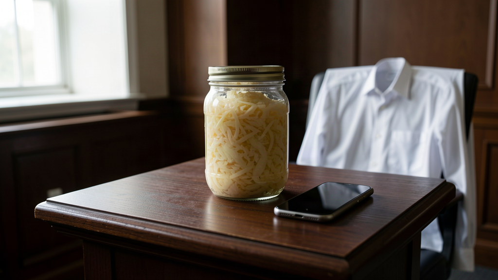 A glass jar of sauerkraut sitting on a White House podium next to a cell phone
