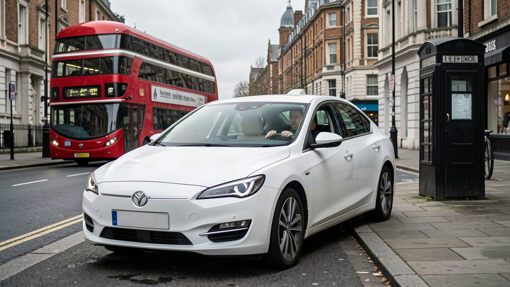 An autonomous taxi on a London street with a person watching intently from the driver's seat