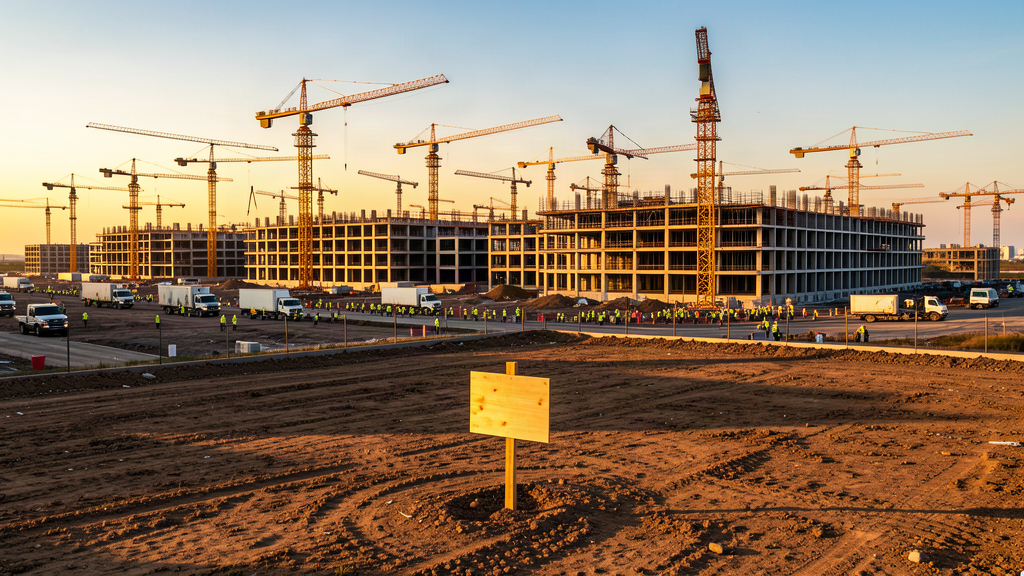 A vast data center construction site with cranes, and a single empty residential lot in the foreground