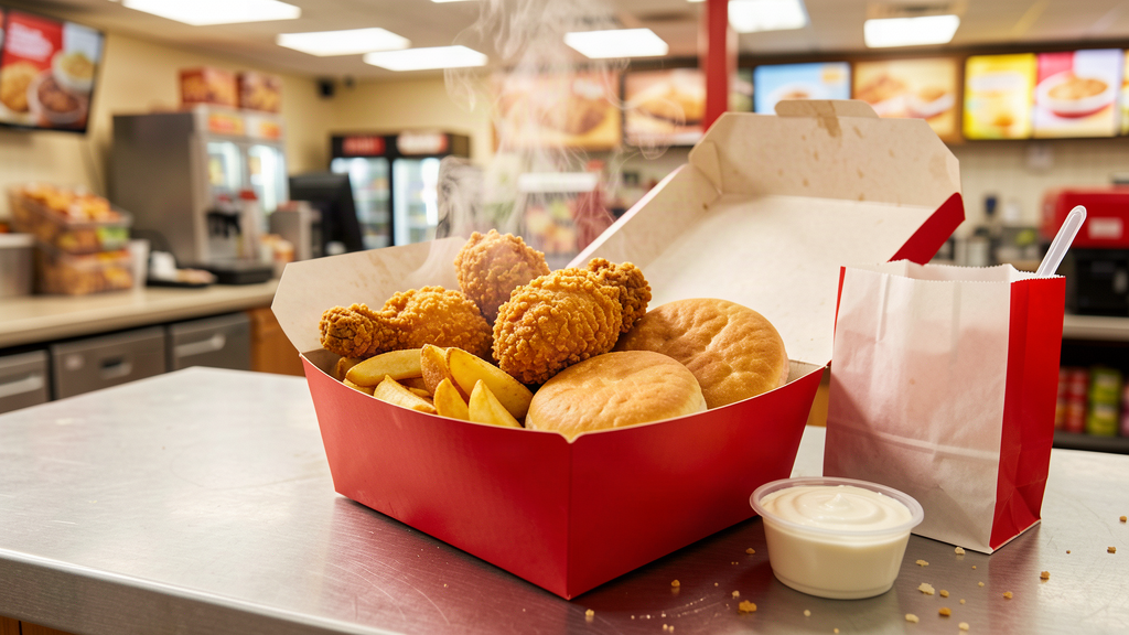 A large red box of fried chicken and sides on a fast food counter