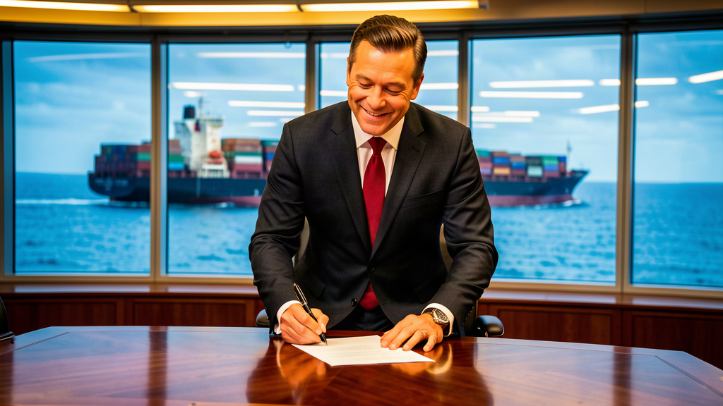 A president at a desk signing a document that reads STOP, with a trade container ship in the background