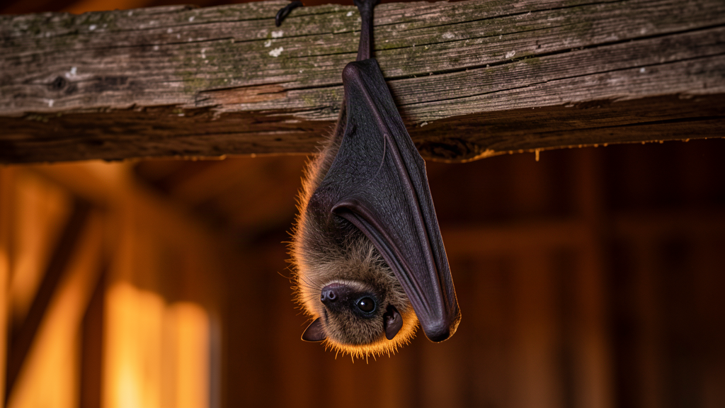 A vesper bat hanging upside down from a wooden beam at dusk