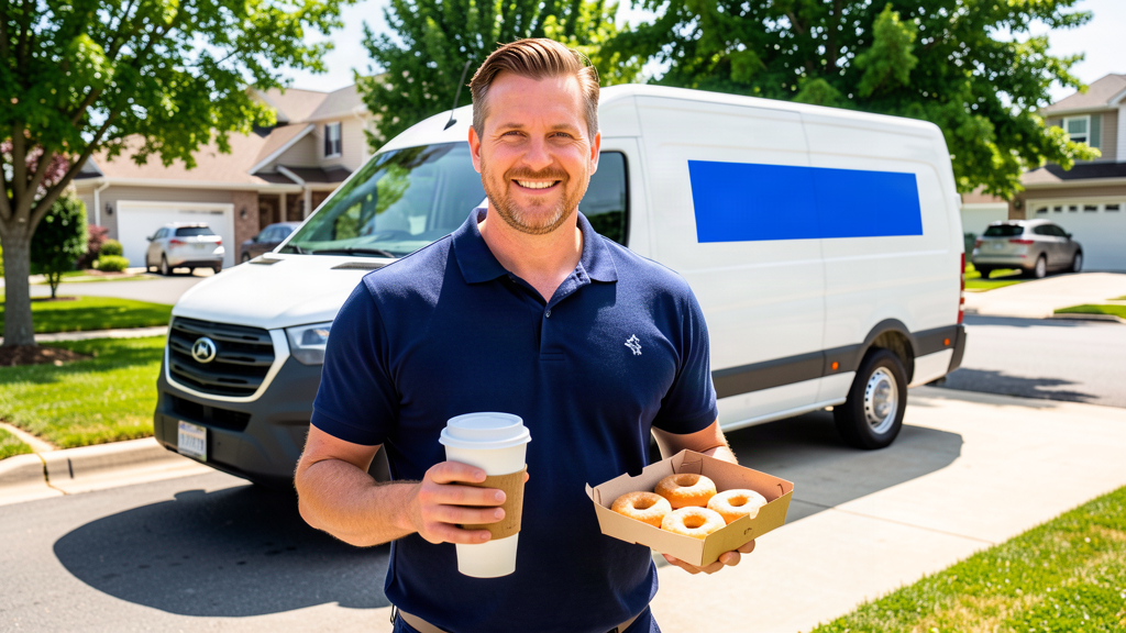 A Walmart delivery driver holding a coffee cup and a box of doughnuts outside a suburban home