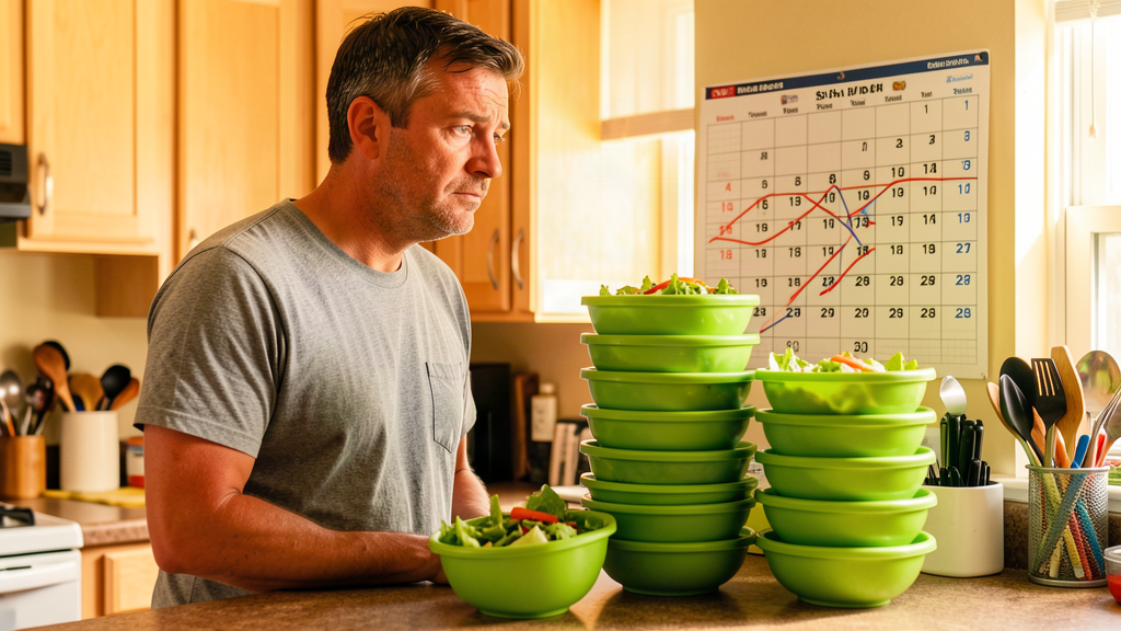 A man in a kitchen staring in horror at a tall stack of identical salad bowls, a calendar on the wall
