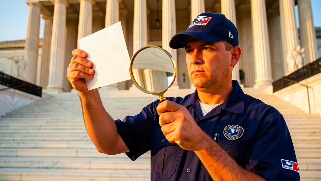 A postal worker in a blue uniform holding a ballot envelope up to a magnifying glass, standing before the Supreme Court steps