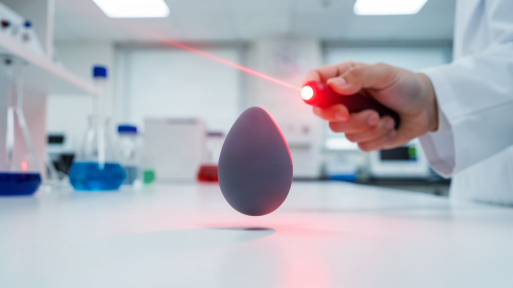 A small teardrop-shaped soft robot on a lab table, illuminated by a red infrared light, mid-jump