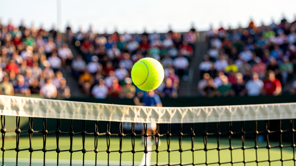 A tennis ball flying over a net at an outdoor stadium under bright lights, with a crowd in the background