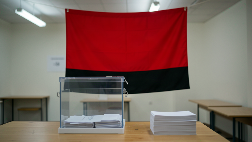A ballot box on a table in a German polling station with a red-and-black party banner in the background