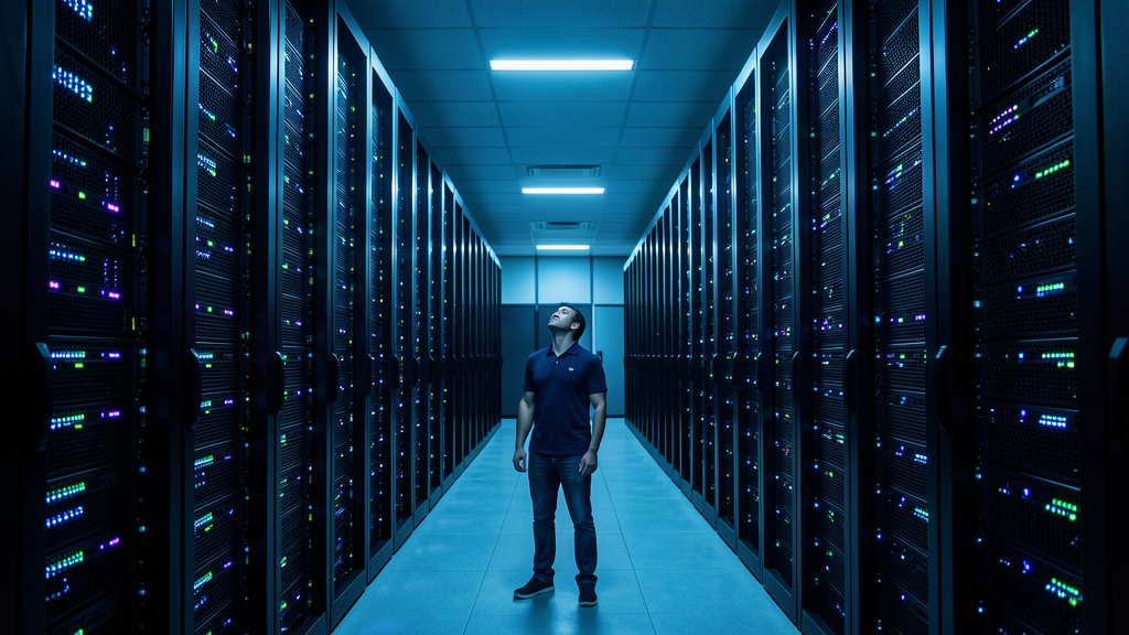 A large server room with a single human worker standing small in the aisle