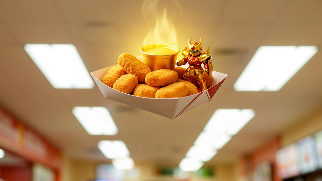 A small tray of chicken nuggets with a glowing golden cup and a gold-and-red anime figurine, floating small against a bright blurred restaurant ceiling