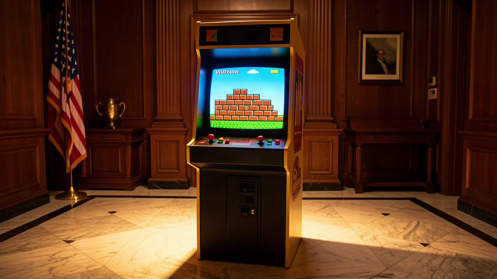 A glowing retro arcade cabinet in a government office, chunky pixels on the screen