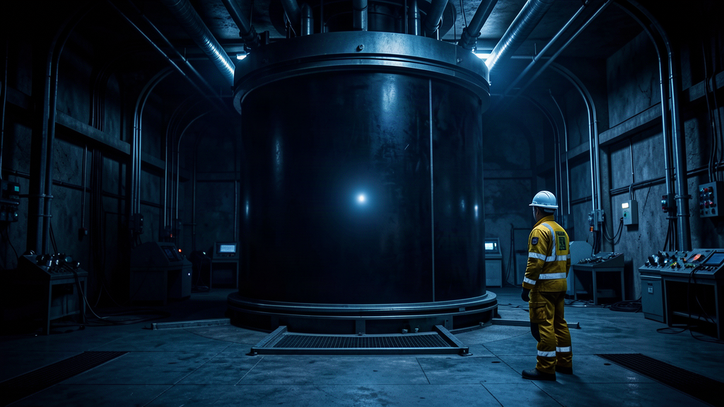A single bright point of light in a vast dark underground detector chamber
