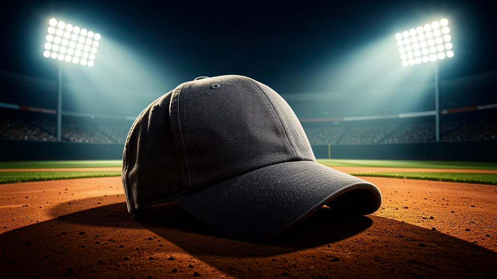 A baseball cap tilted at a slight angle on a batting helmet, stadium lights behind
