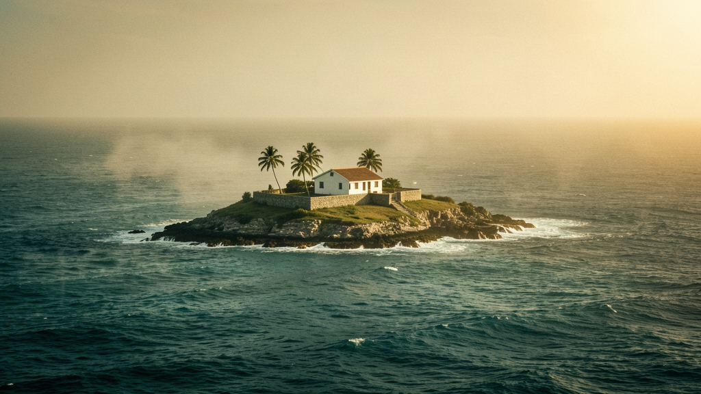 A small Caribbean island with a low coastline and a rising sea, hazy horizon
