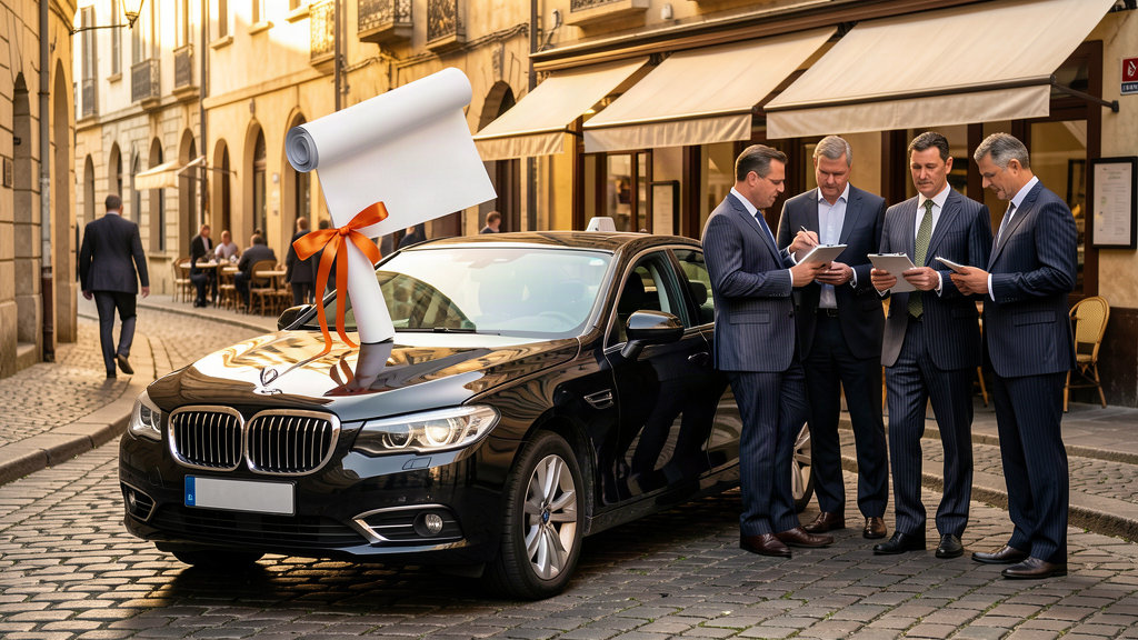 A ride-share car with a bond certificate tied to its antenna on a European street