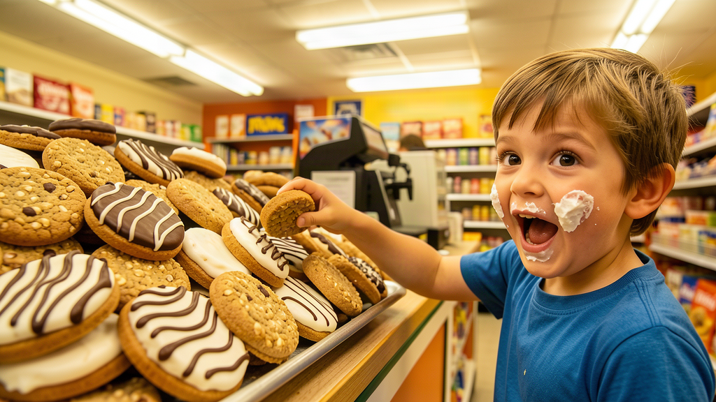 A cookie counter covered in striped and oatmeal-themed cookies
