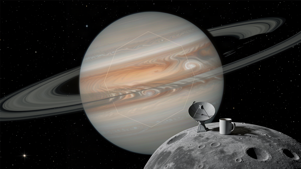 A ringed planet with a faint ten-sided polygon around its south pole