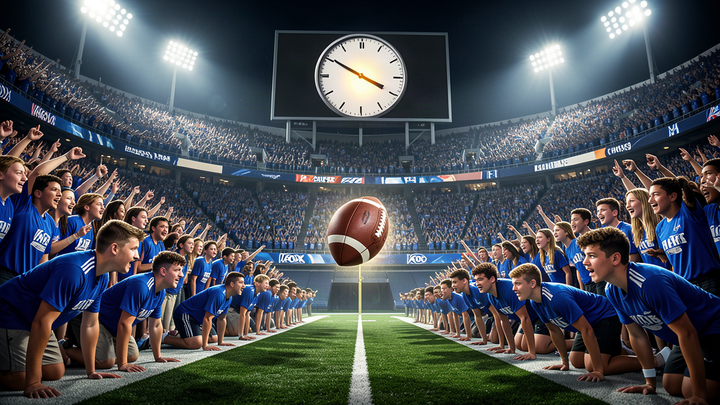 A football stadium clock showing a single second, a football frozen mid-air