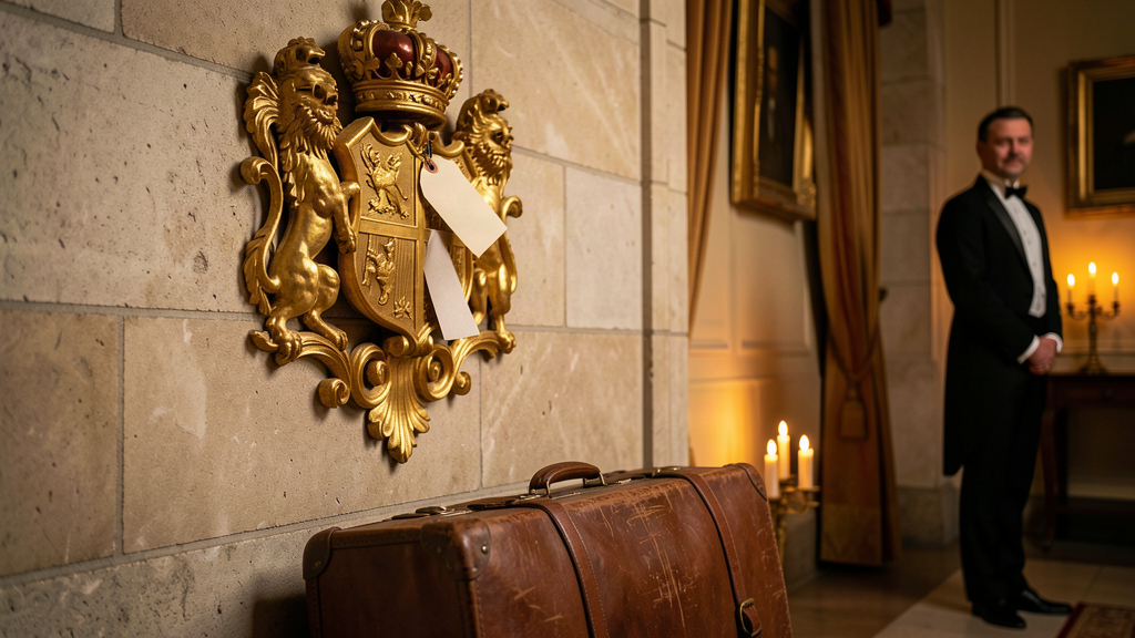 An ornate royal crest with a 'Now Boarding' luggage tag hanging from it