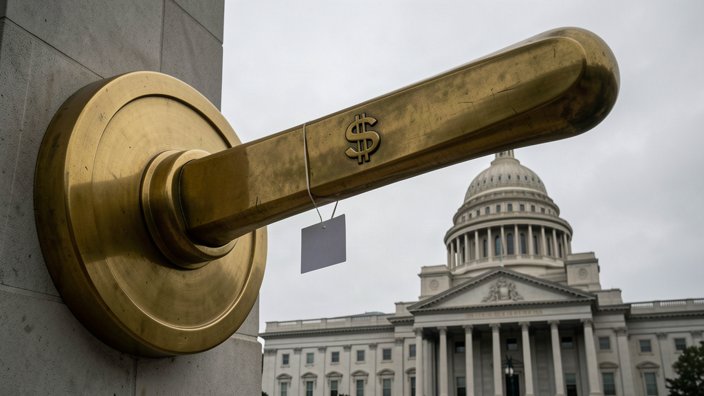 A giant lever with a dollar sign, a Federal Reserve building in the background