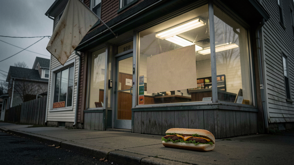 An empty fast-food storefront with the lights off, a sandwich on the sidewalk