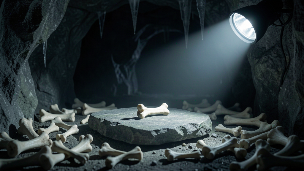 A single bone fragment on a rock in a dim cave, a headlamp beam in the background