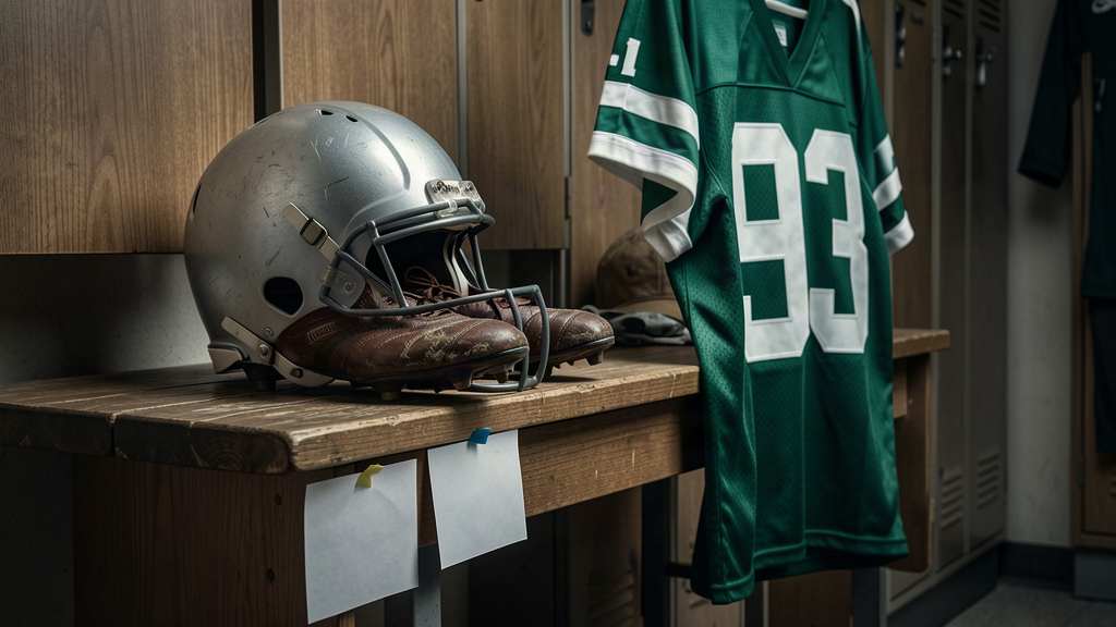 A pair of cleats and a helmet on a locker room bench, a jersey hanging on the hook