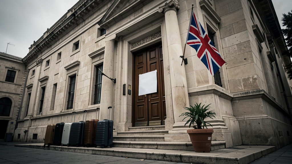 A consulate building with a 30-day notice taped to the door