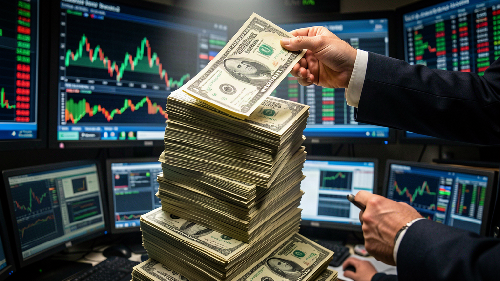A towering stack of U.S. Treasury bond certificates, with a hand in a suit reaching in to buy one back
