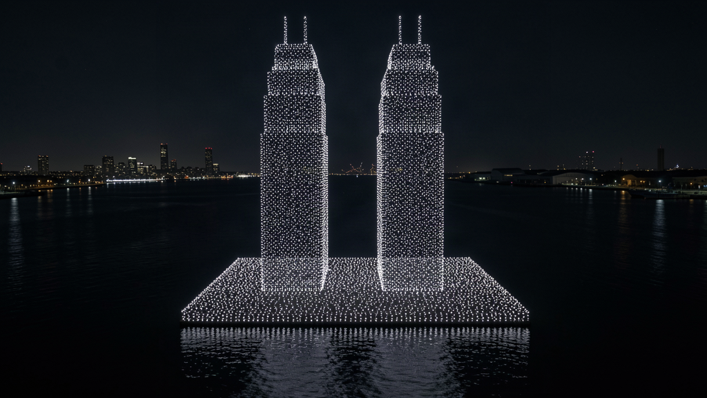 A swarm of lights held in the shape of two towers over a dark harbor at night, seen from the water