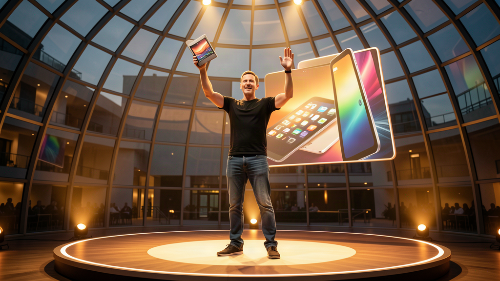 A new Apple CEO on the Apple Park stage holding a folded smartphone open, a massive screen behind him