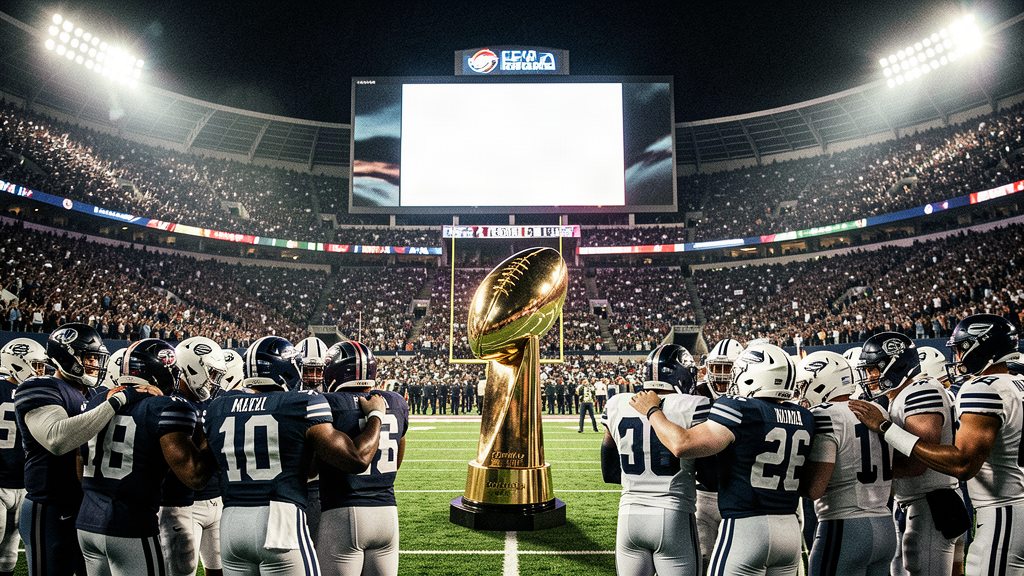 A packed NFL stadium at night with a championship trophy on the field, players in two different uniforms celebrating