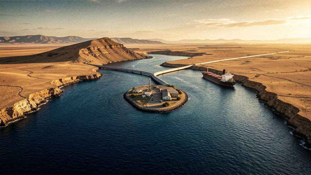 A small island and port town in a narrow red sea strait, with a long oil pipeline crossing the desert in the background