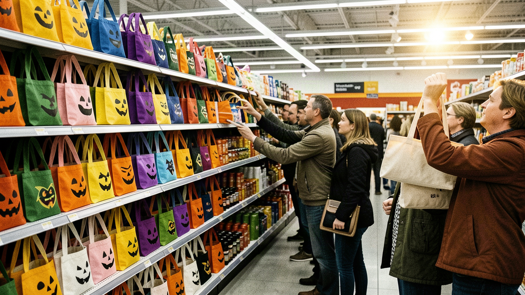 A stack of colorful mini canvas totes on a store shelf, a line of shoppers behind