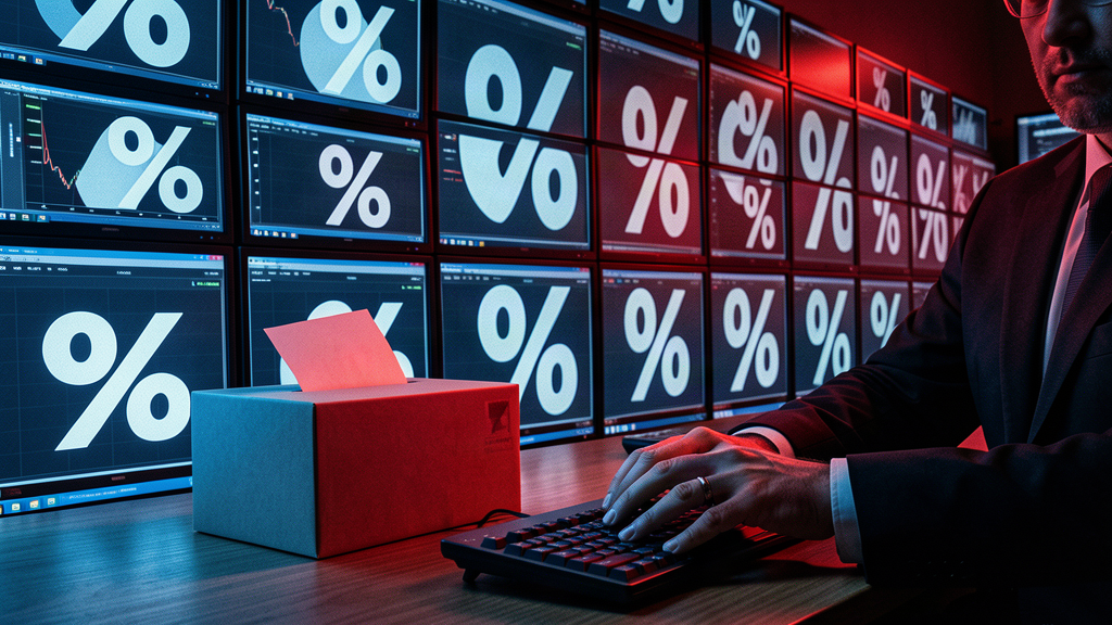 A wall of screens showing election odds percentages with a ballot box in front