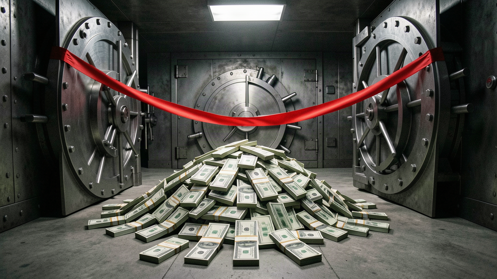 A vault door open on a mountain of cash under a red banner reading MIDTERMS