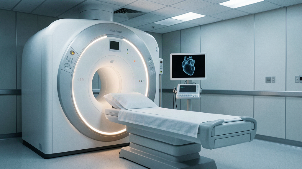 A CT scanner room with a patient bed and a single heart-shaped glow on the monitor