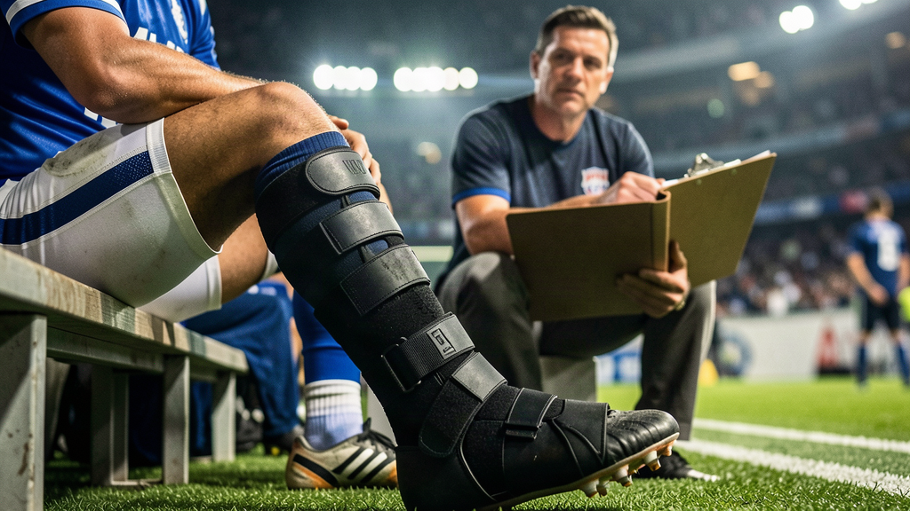 A wide receiver's ankle in a stiff brace on the sideline, a coach holding a clipboard