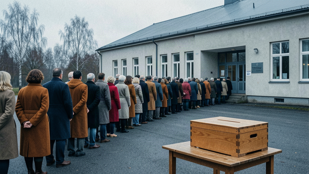 A long line of voters outside a Swedish school on a gray morning, ballot boxes visible