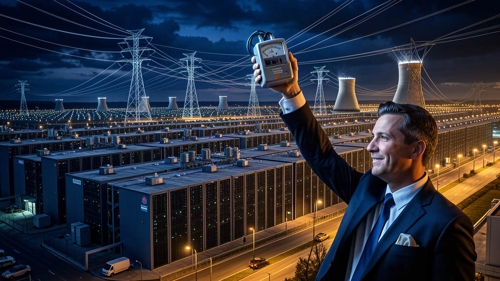 A row of massive data center buildings at night with power lines running to them and a bond trader in the foreground holding a glowing electricity meter