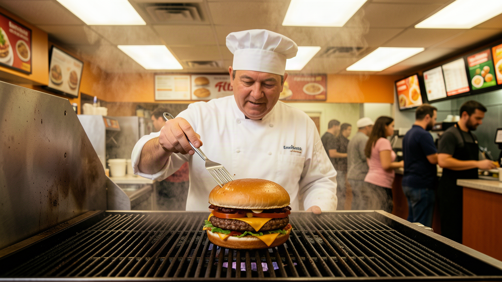 A fast food counter with a cook flipping a huge burger on the charbroiler and a long line of customers behind the counter