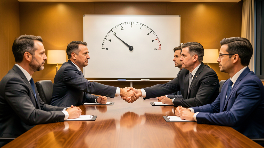 A corporate boardroom where several executives sit around a long table shaking hands, with a whiteboard behind them showing a speedometer dial turned way down