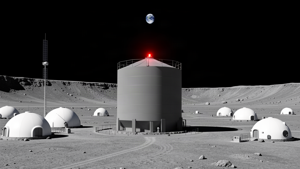 A lone water tank standing complete on the lunar plain at the edge of a polar crater, its low-level alarm glowing, a dome of the colony in the distance