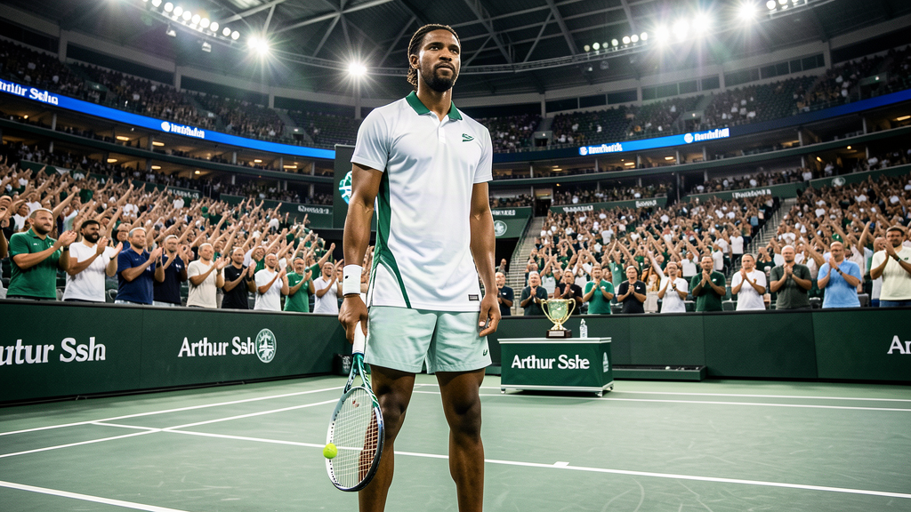A tennis player standing just inside the baseline with his racket lowered, looking toward the box, while the crowd behind him is still applauding