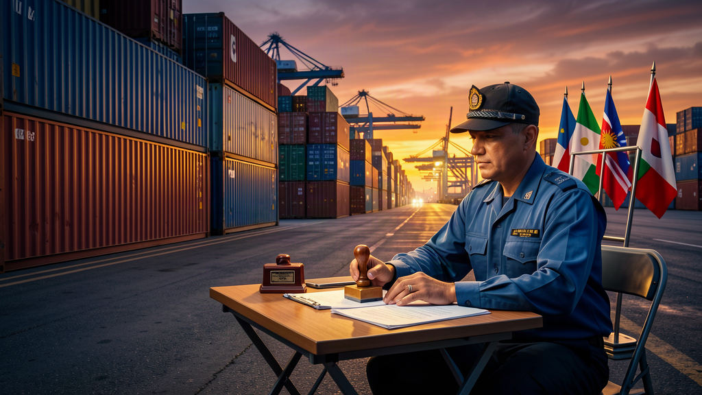 A shipping port at dusk with stacked containers, a customs officer at a desk examining paperwork, and a row of small flags