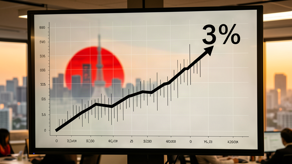 A line chart rising steeply to the right, ending at a 3% marker, over a blurred view of a Tokyo skyline at dusk