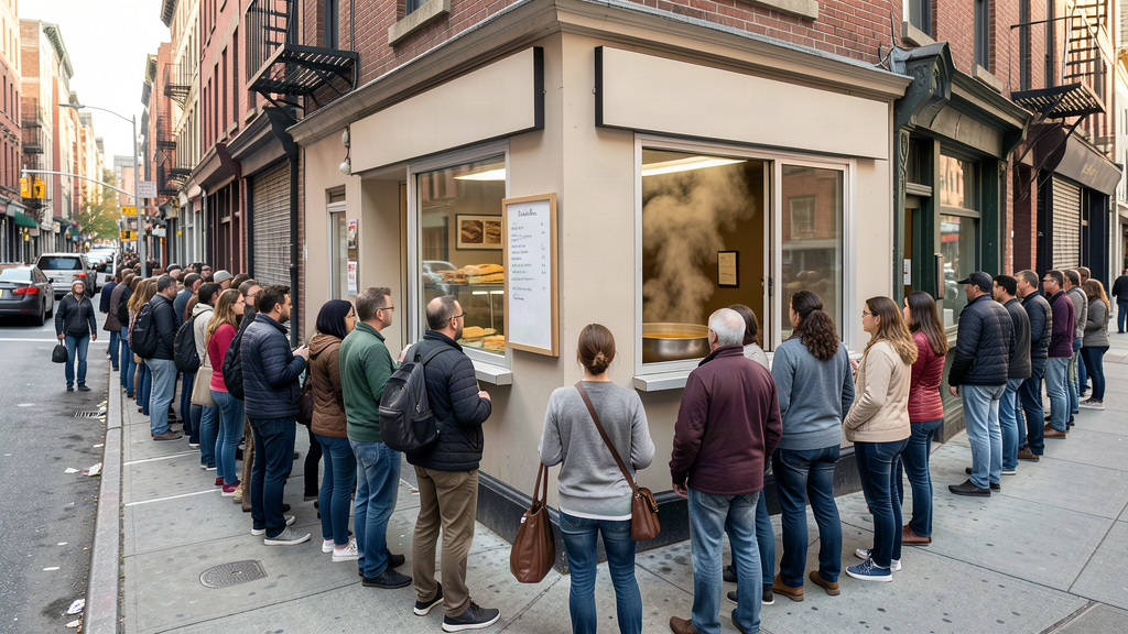 A long queue of people on a narrow city sidewalk outside a tiny sandwich shop, a steam of broth rising from the open door