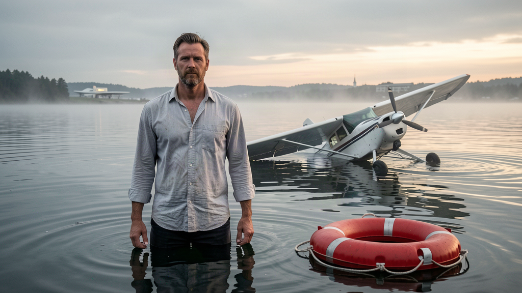 A man in a dress shirt standing waist-deep in a lake at dawn, a small airplane half-submerged behind him, a life ring floating nearby
