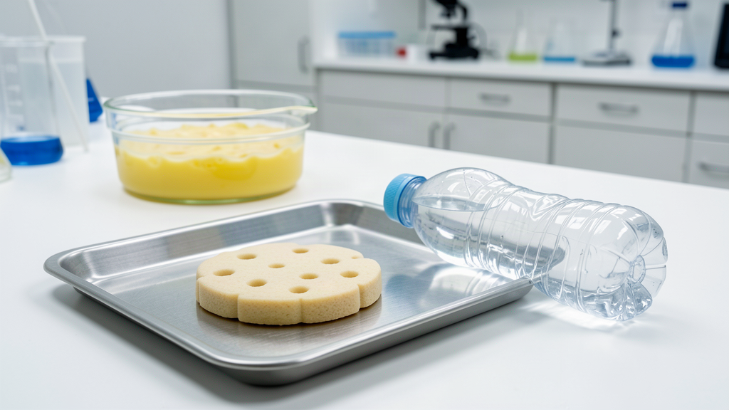 A small 3D-printed cookie on a stainless steel tray beside a crushed PET water bottle, in a clean laboratory